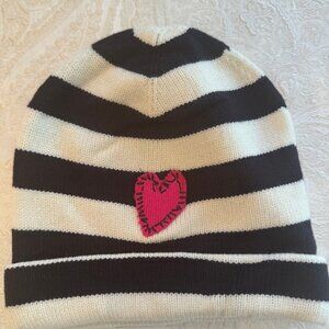 Striped Black and White Knit Hat with Pink Heart Patch